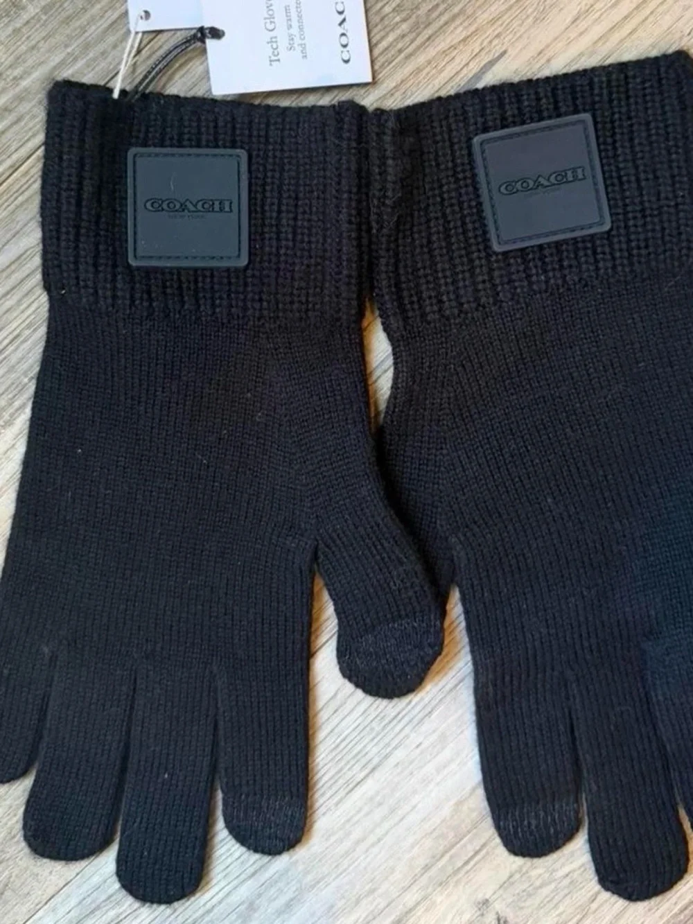 COACH Black Knit Touchscreen Gloves with Logo Patch
